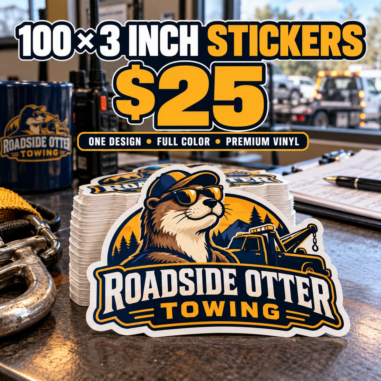 Roadside Otter Towing fictional example: 100 custom 3 inch stickers for $25