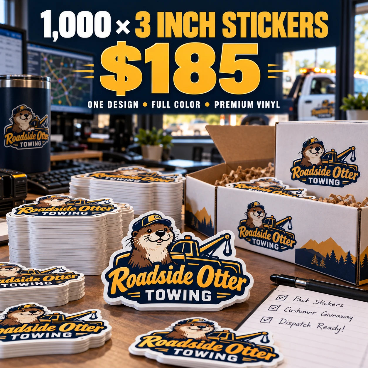 Roadside Otter Towing fictional example: 1000 custom 3 inch stickers for $185