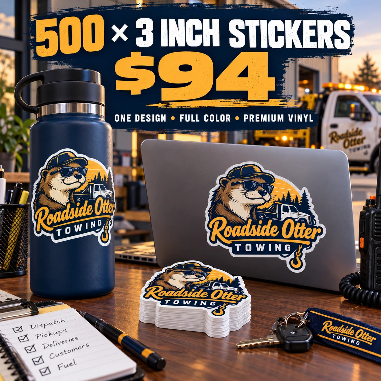 Roadside Otter Towing fictional example: 500 custom 3 inch stickers for $94