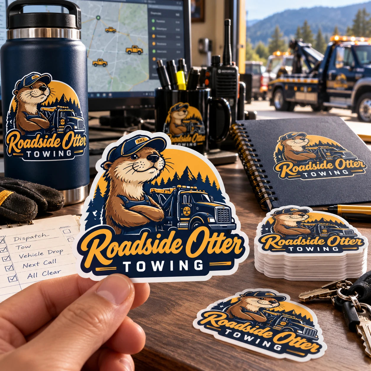 Roadside Otter Towing fictional example storefront with custom lettering and stickers