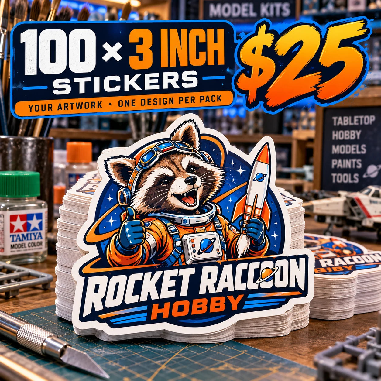 Rocket Raccoon Hobby fictional example: 100 custom 3 inch stickers for $25