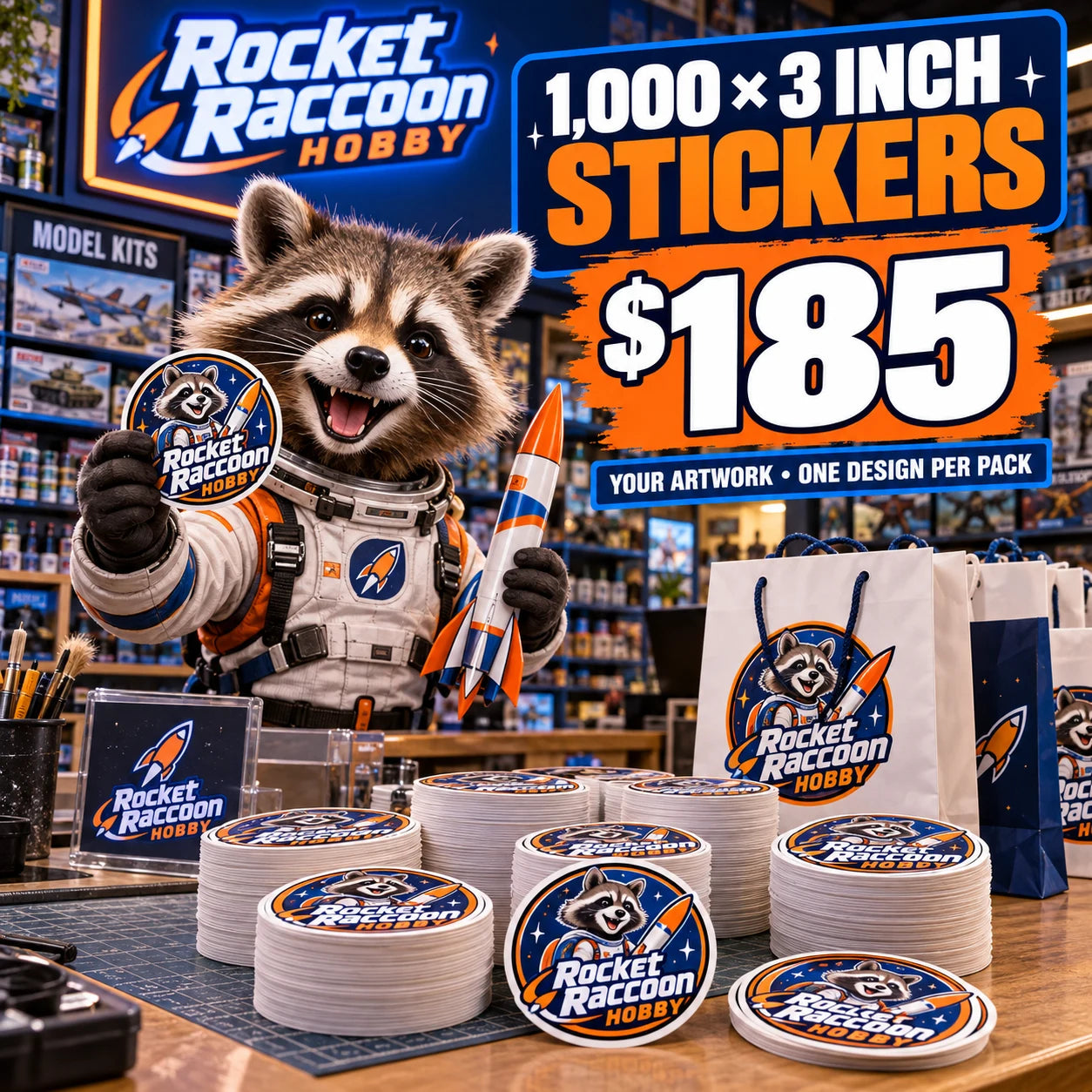 Rocket Raccoon Hobby fictional packaging and sticker ideas