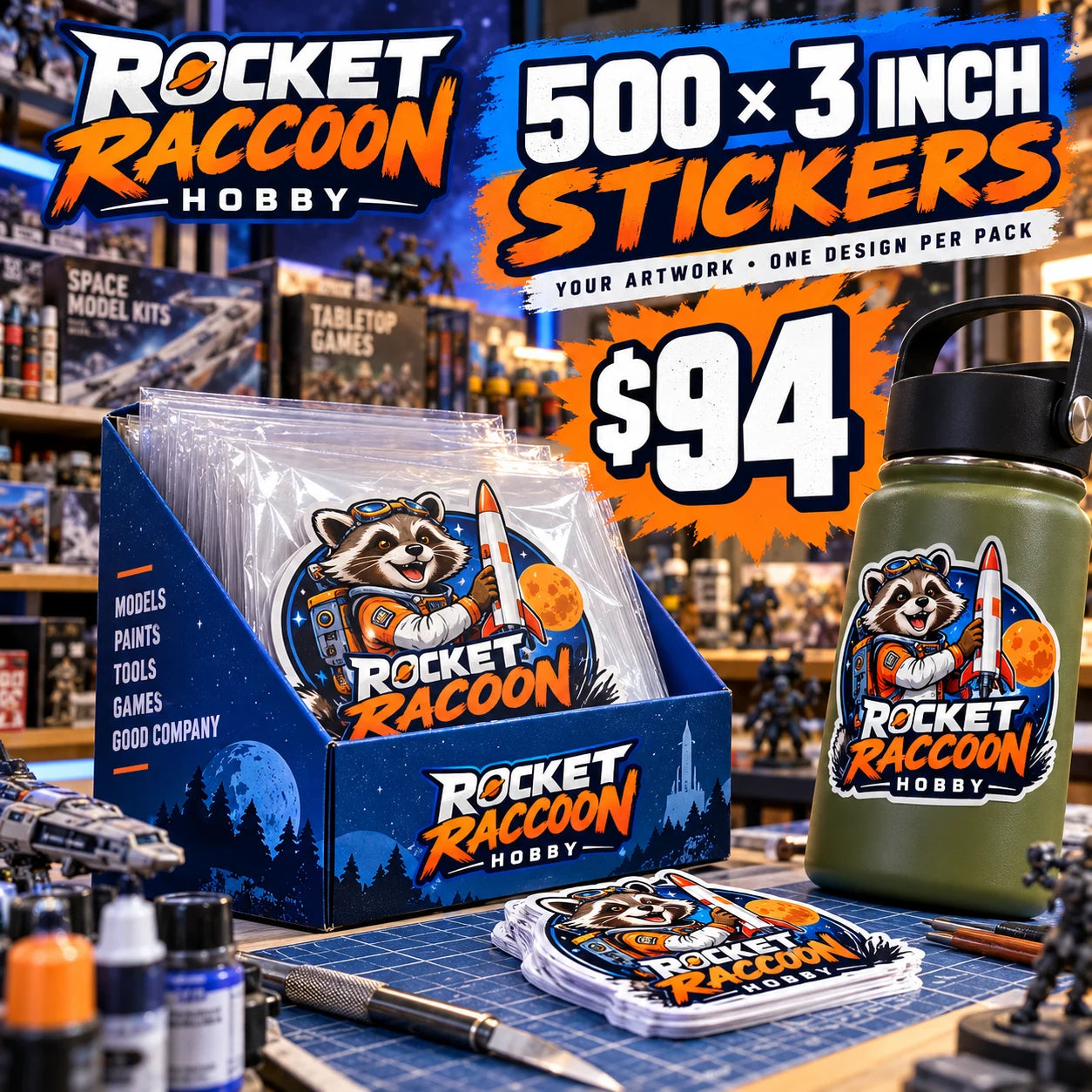Rocket Raccoon Hobby fictional example: 500 custom 3 inch stickers for $94