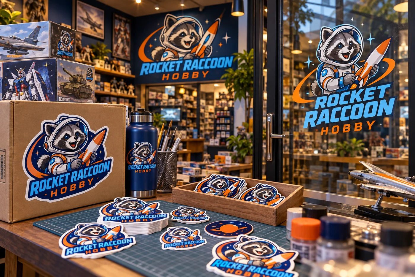 Rocket Raccoon Hobby fictional example storefront with custom lettering and stickers
