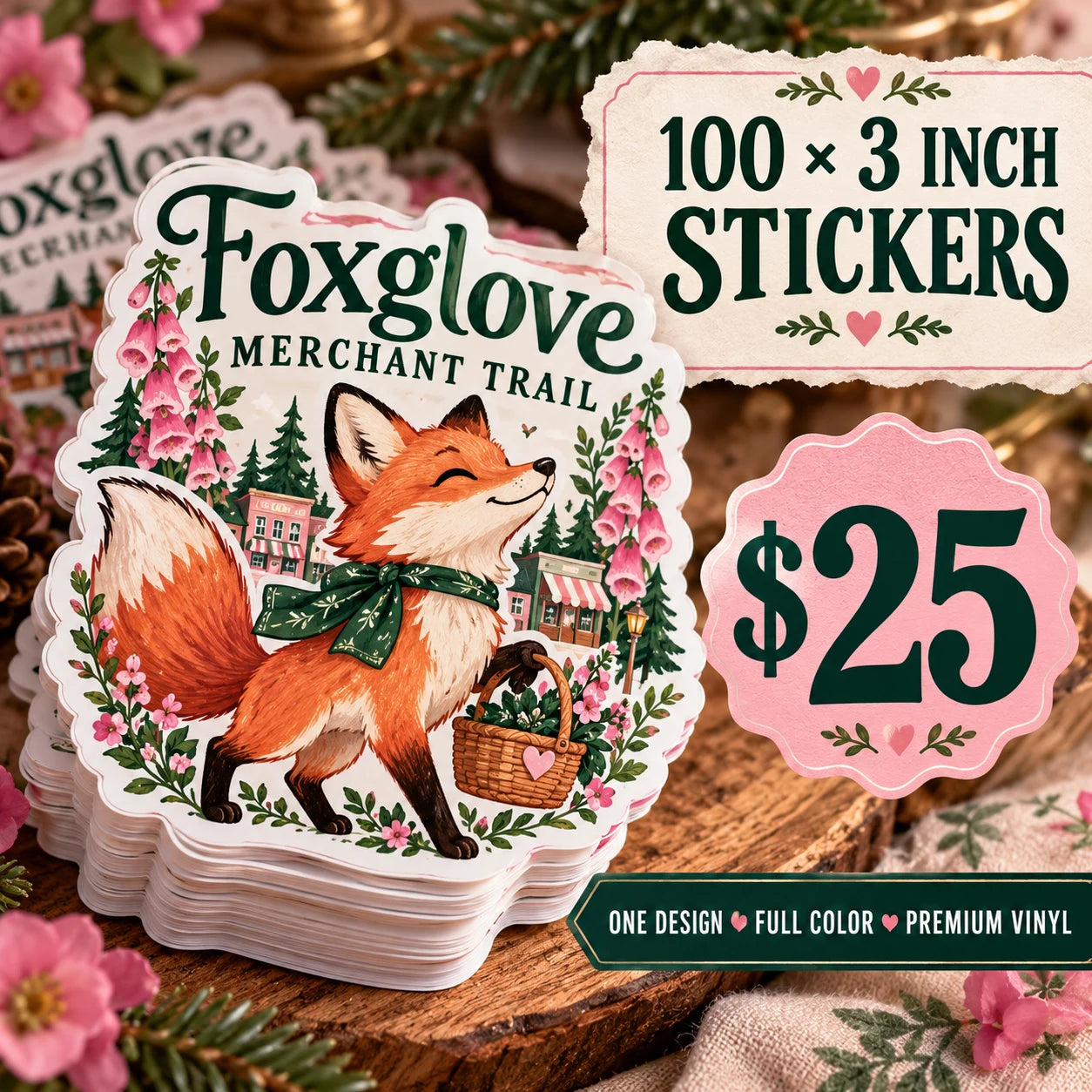 Foxglove Merchant Trail fictional example: 100 custom 3 inch stickers for $25