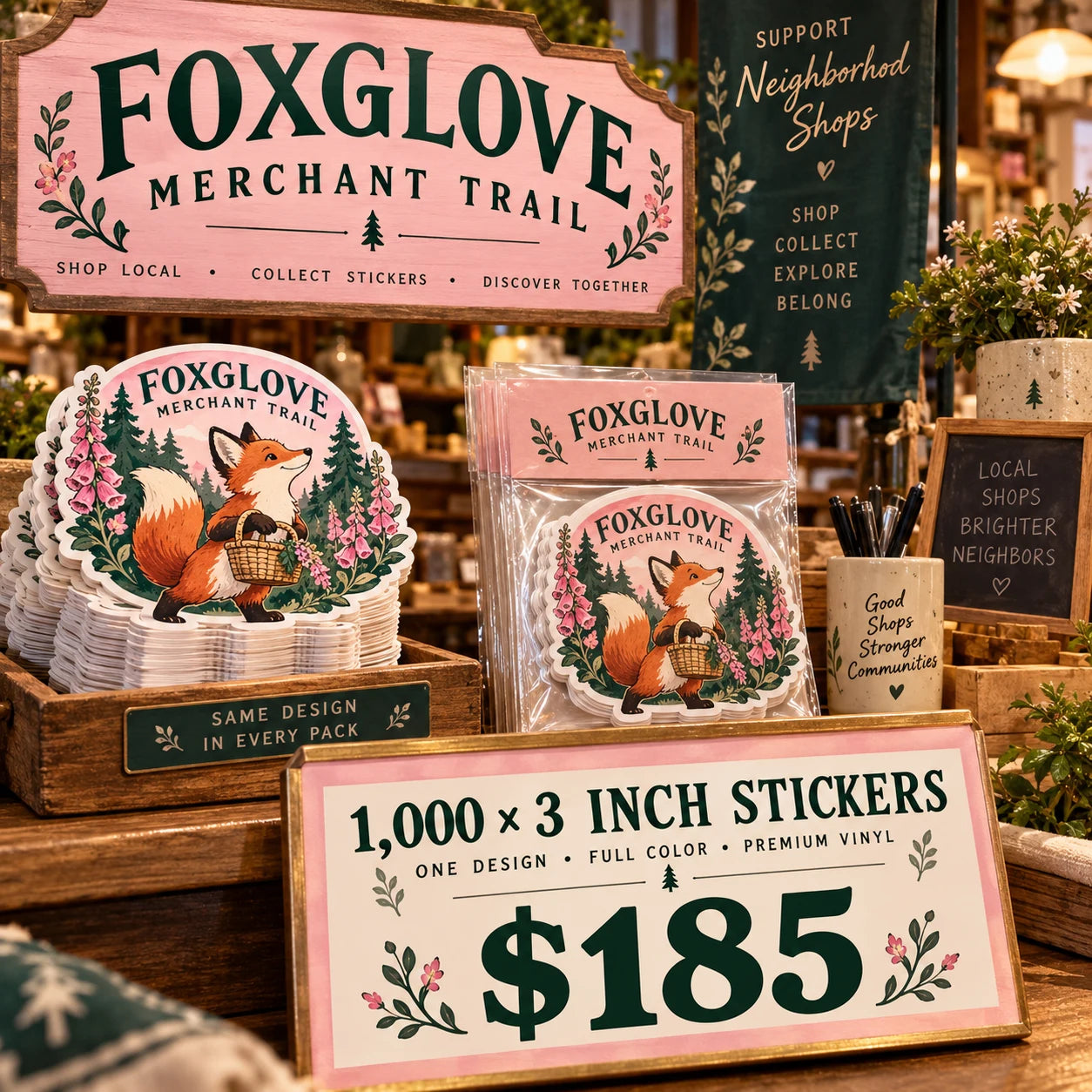 Foxglove Merchant Trail fictional packaging and sticker ideas