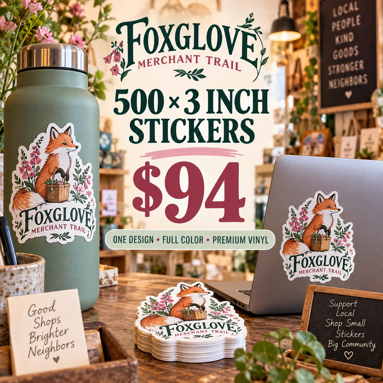 Foxglove Merchant Trail fictional example: 500 custom 3 inch stickers for $94
