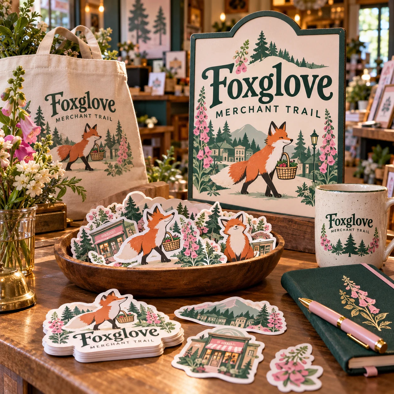 Foxglove Merchant Trail fictional example storefront with custom lettering and stickers
