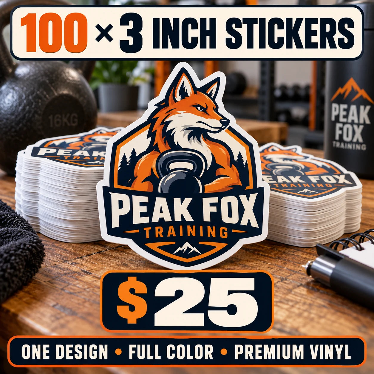 Peak Fox Training fictional example: 100 custom 3 inch stickers for $25