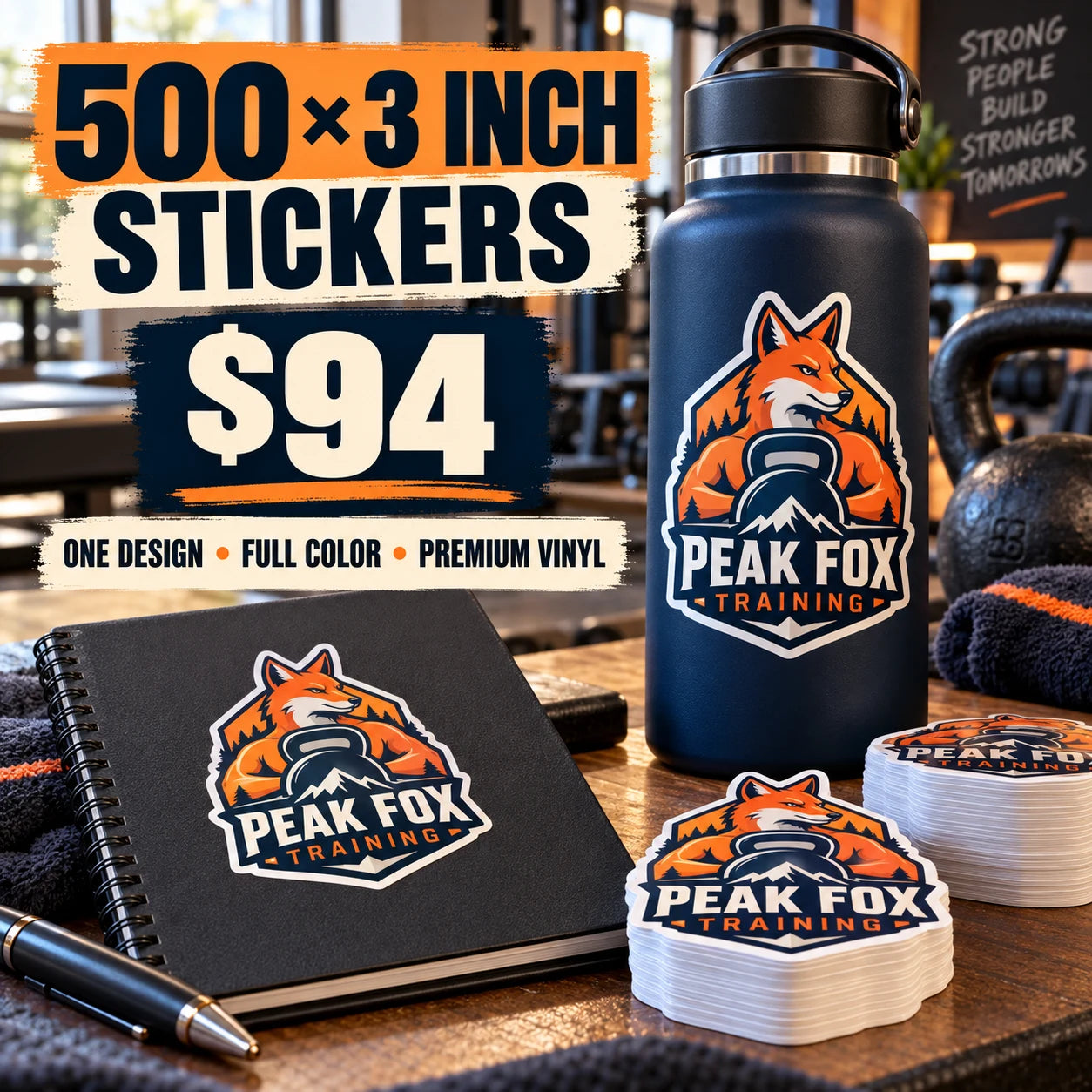 Peak Fox Training fictional example: 500 custom 3 inch stickers for $94