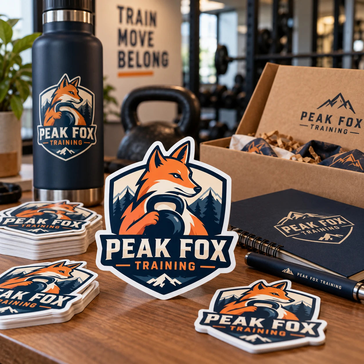 Peak Fox Training fictional example storefront with custom lettering and stickers