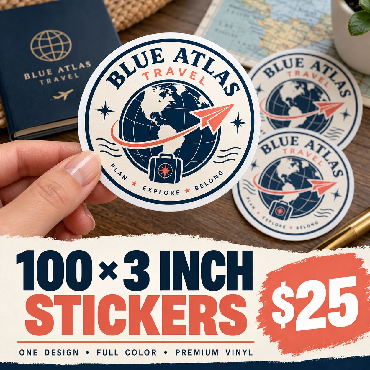 Blue Atlas Travel fictional example: 100 custom 3 inch stickers for $25