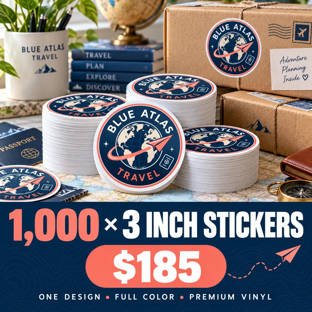 Blue Atlas Travel fictional packaging and sticker ideas