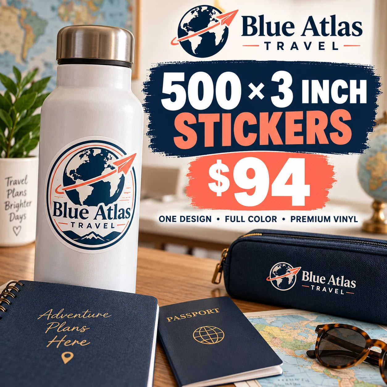 Blue Atlas Travel fictional example: 500 custom 3 inch stickers for $94