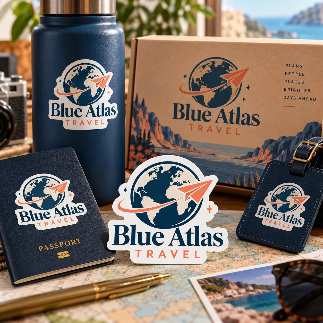 Blue Atlas Travel fictional example storefront with custom lettering and stickers