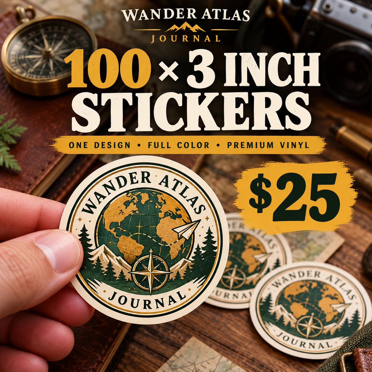 Wander Atlas Journal fictional example: 100 custom 3 inch stickers for $25