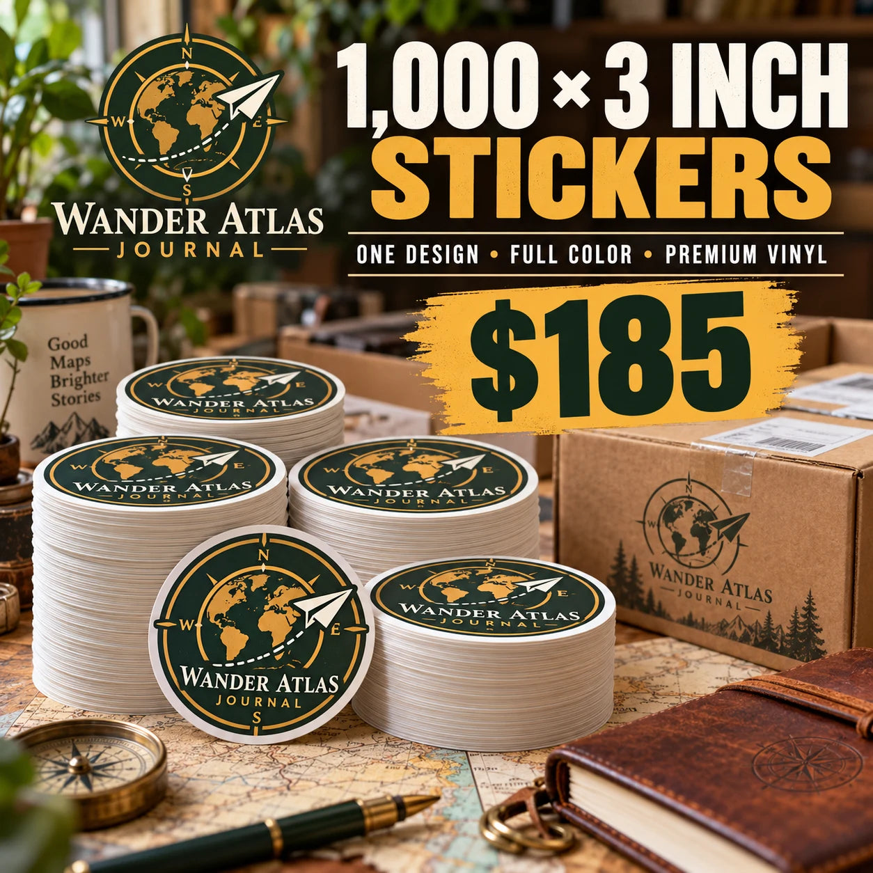 Wander Atlas Journal fictional packaging and sticker ideas