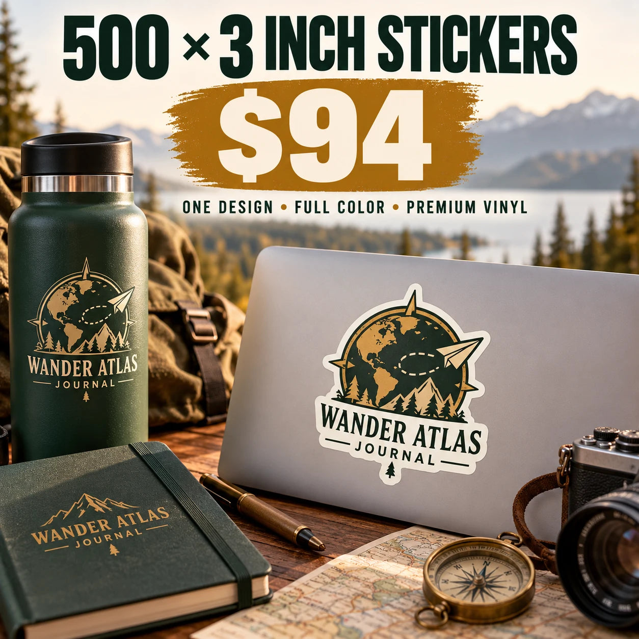 Wander Atlas Journal fictional example: 500 custom 3 inch stickers for $94
