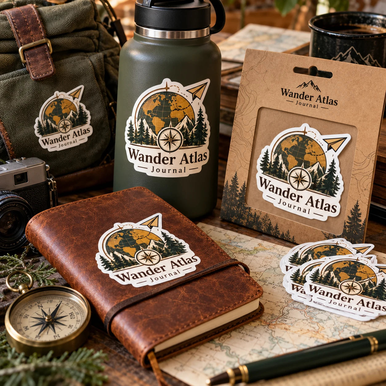 Wander Atlas Journal fictional example storefront with custom lettering and stickers