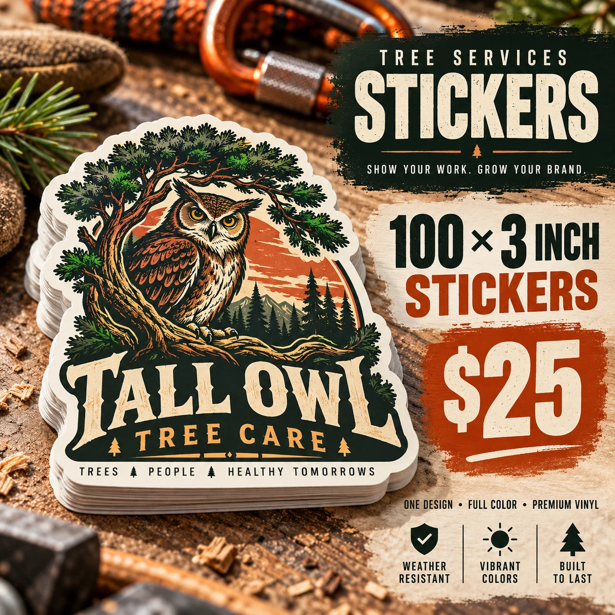Tall Owl Tree Care fictional example: 100 custom 3 inch stickers for $25