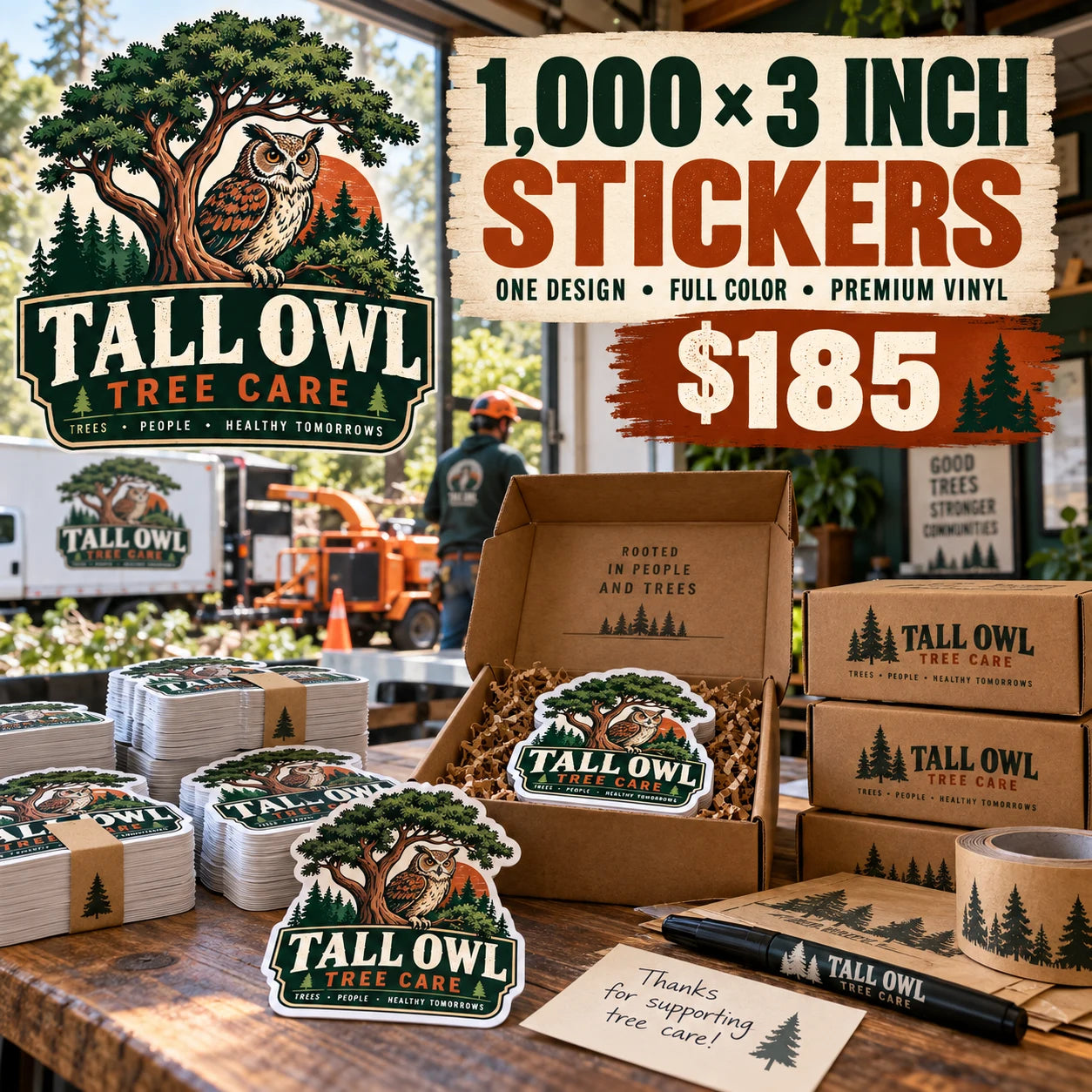 Tall Owl Tree Care fictional example: 1000 custom 3 inch stickers for $185