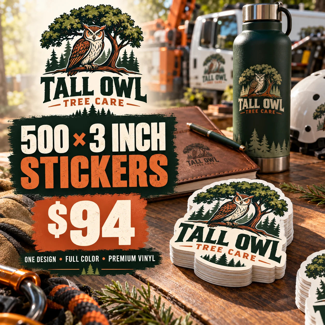 Tall Owl Tree Care fictional example: 500 custom 3 inch stickers for $94