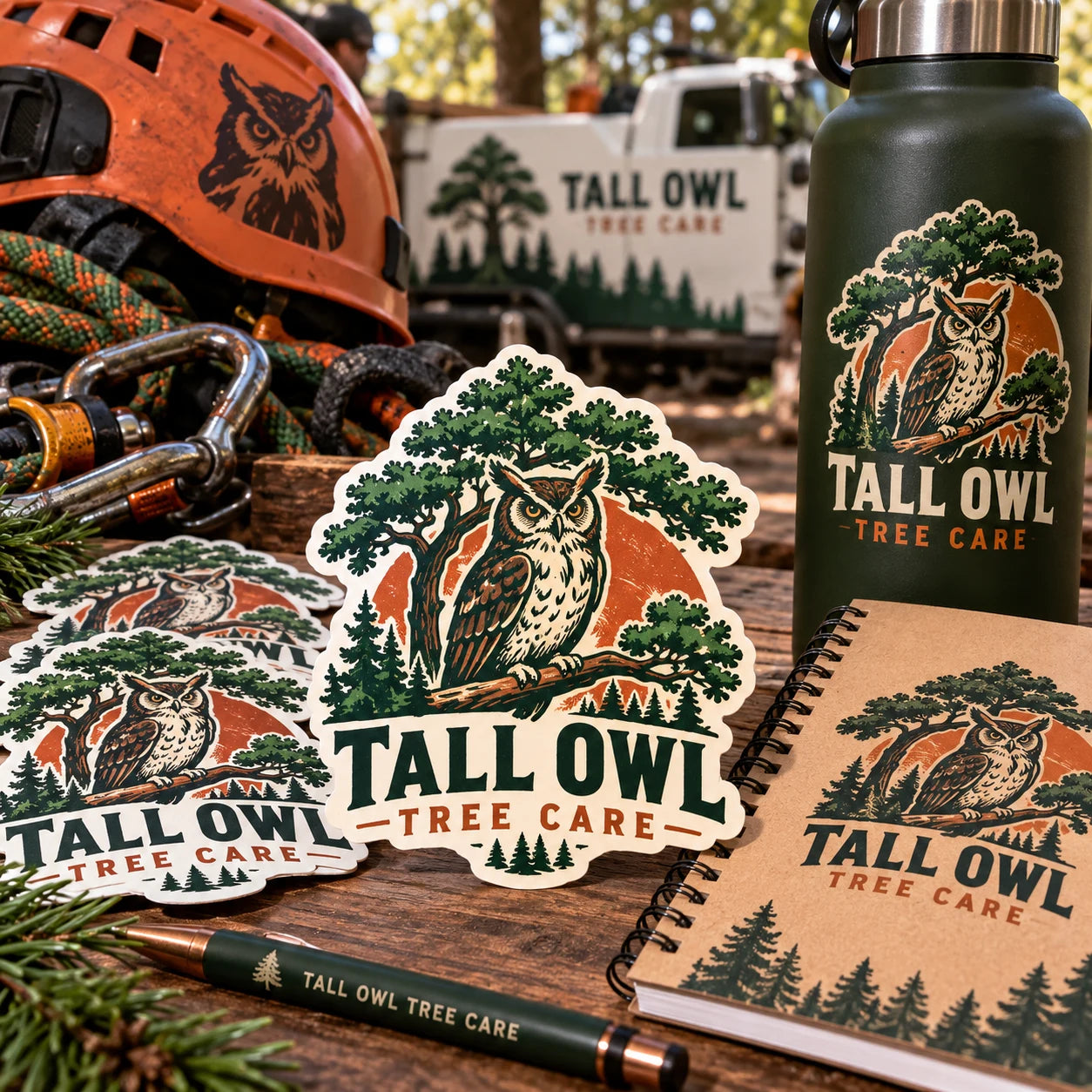 Tall Owl Tree Care fictional example storefront with custom lettering and stickers