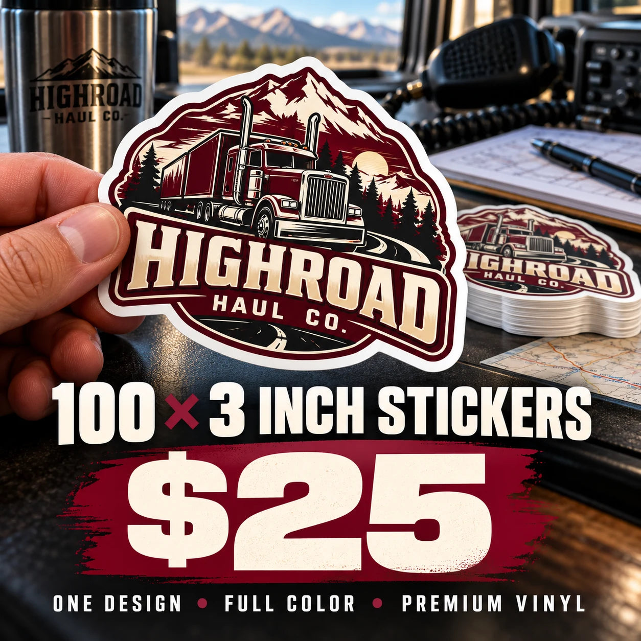Highroad Haul Co. fictional example: 100 custom 3 inch stickers for $25