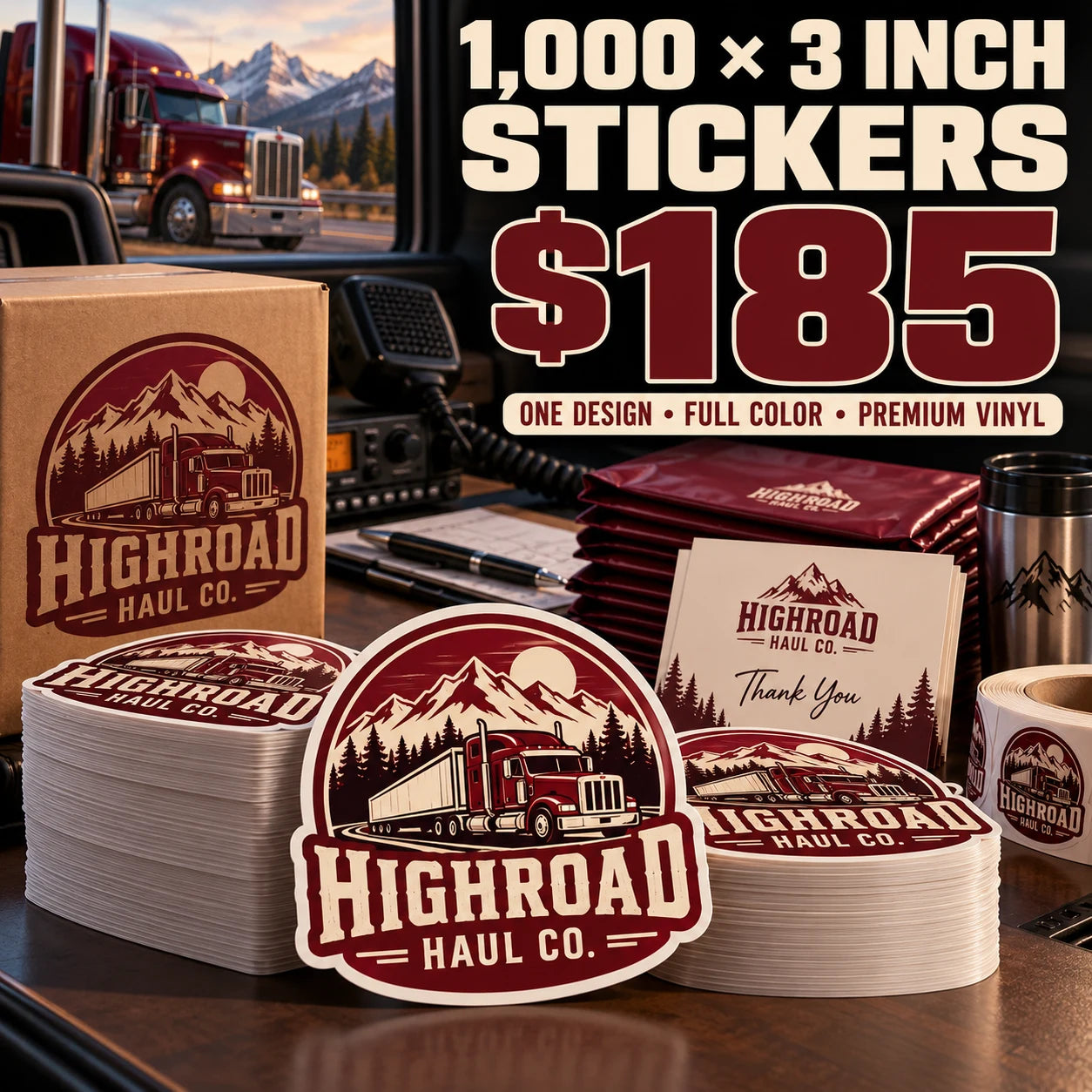 Highroad Haul Co. fictional example: 1000 custom 3 inch stickers for $185