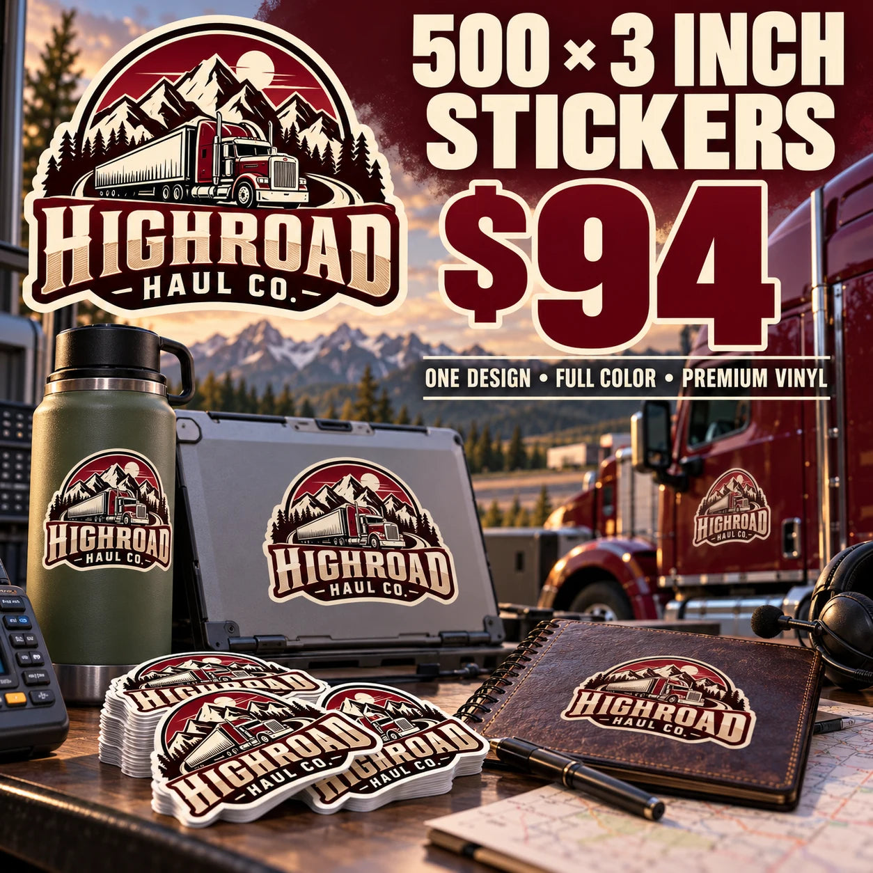 Highroad Haul Co. fictional example: 500 custom 3 inch stickers for $94