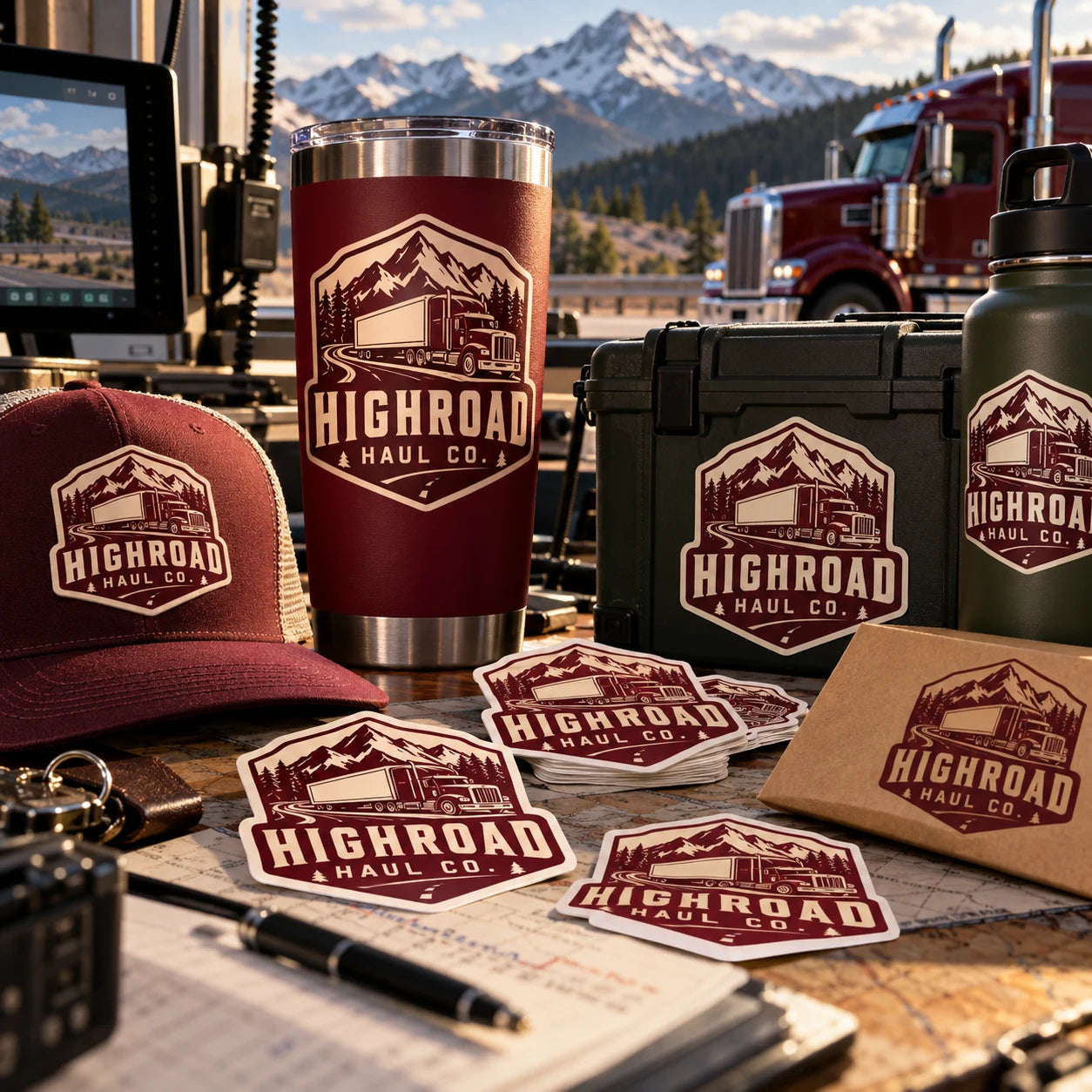 Highroad Haul Co. fictional example storefront with custom lettering and stickers