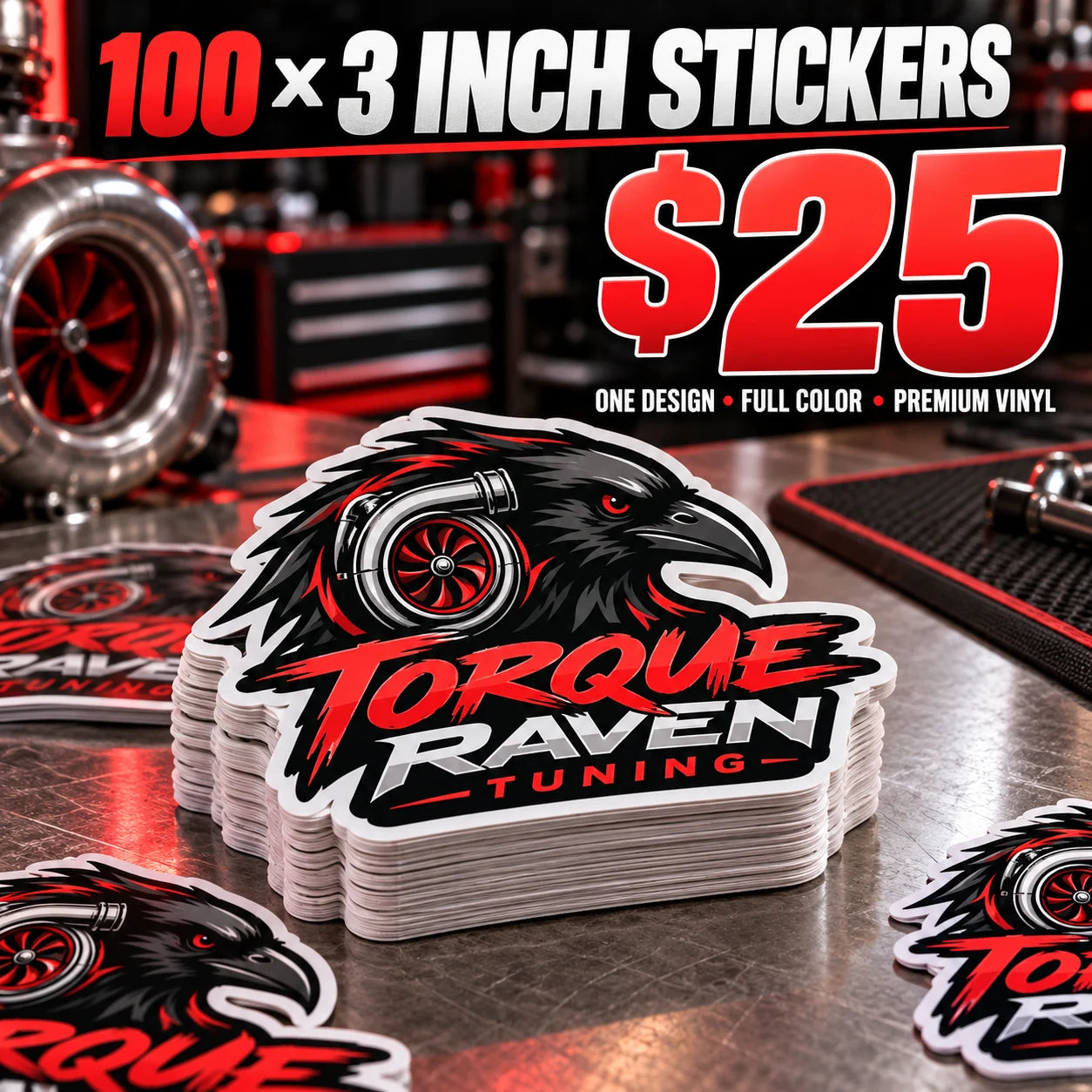 Torque Raven Tuning fictional example: 100 custom 3 inch stickers for $25