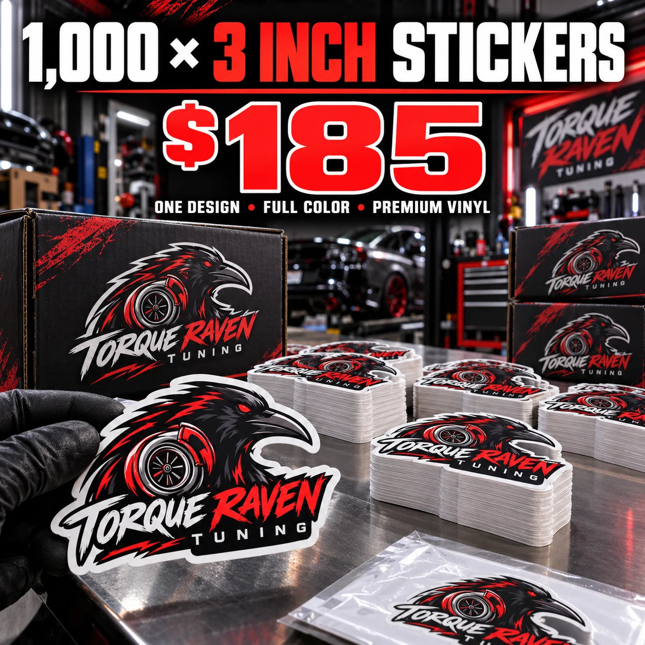 Torque Raven Tuning fictional example: 1000 custom 3 inch stickers for $185