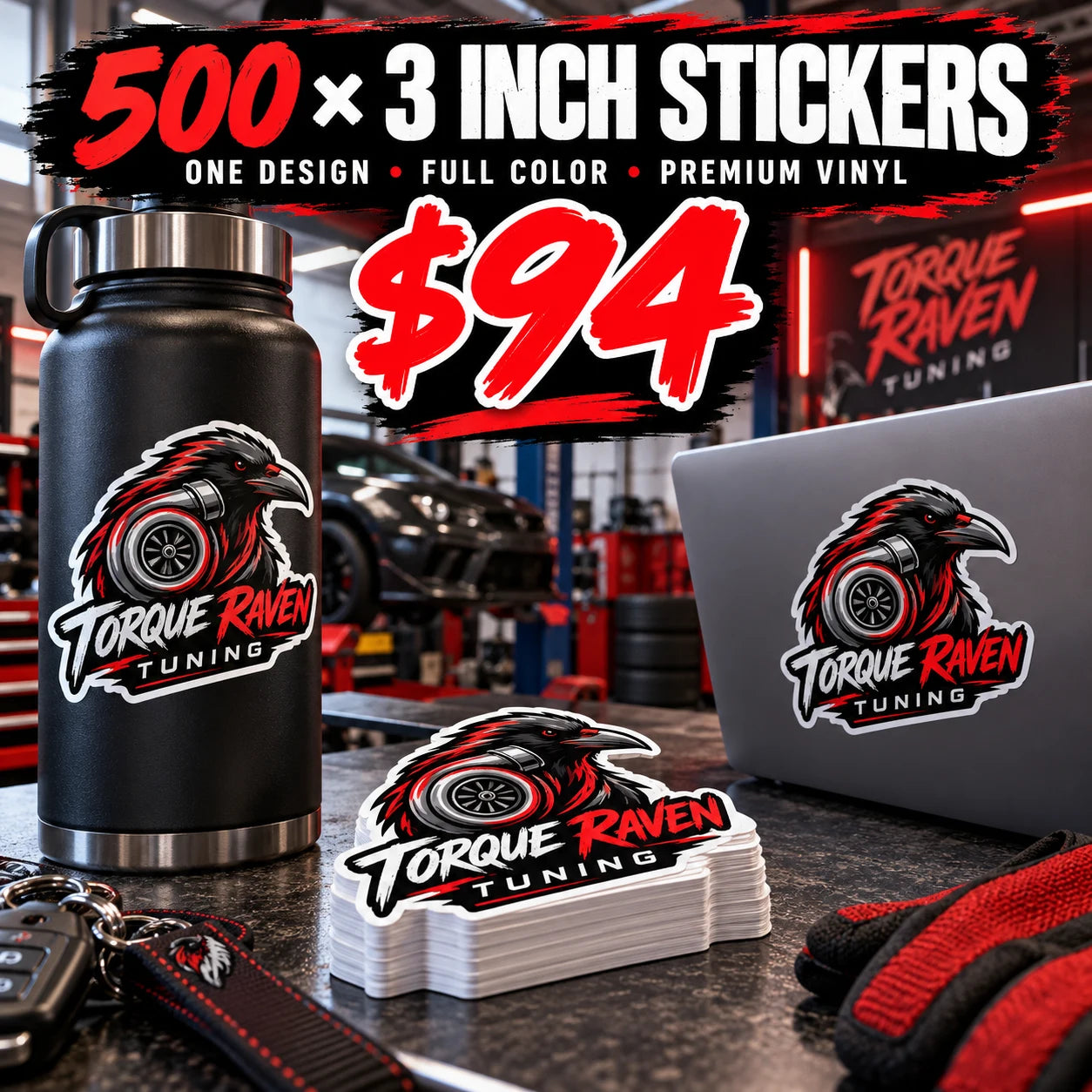 Torque Raven Tuning fictional example: 500 custom 3 inch stickers for $94