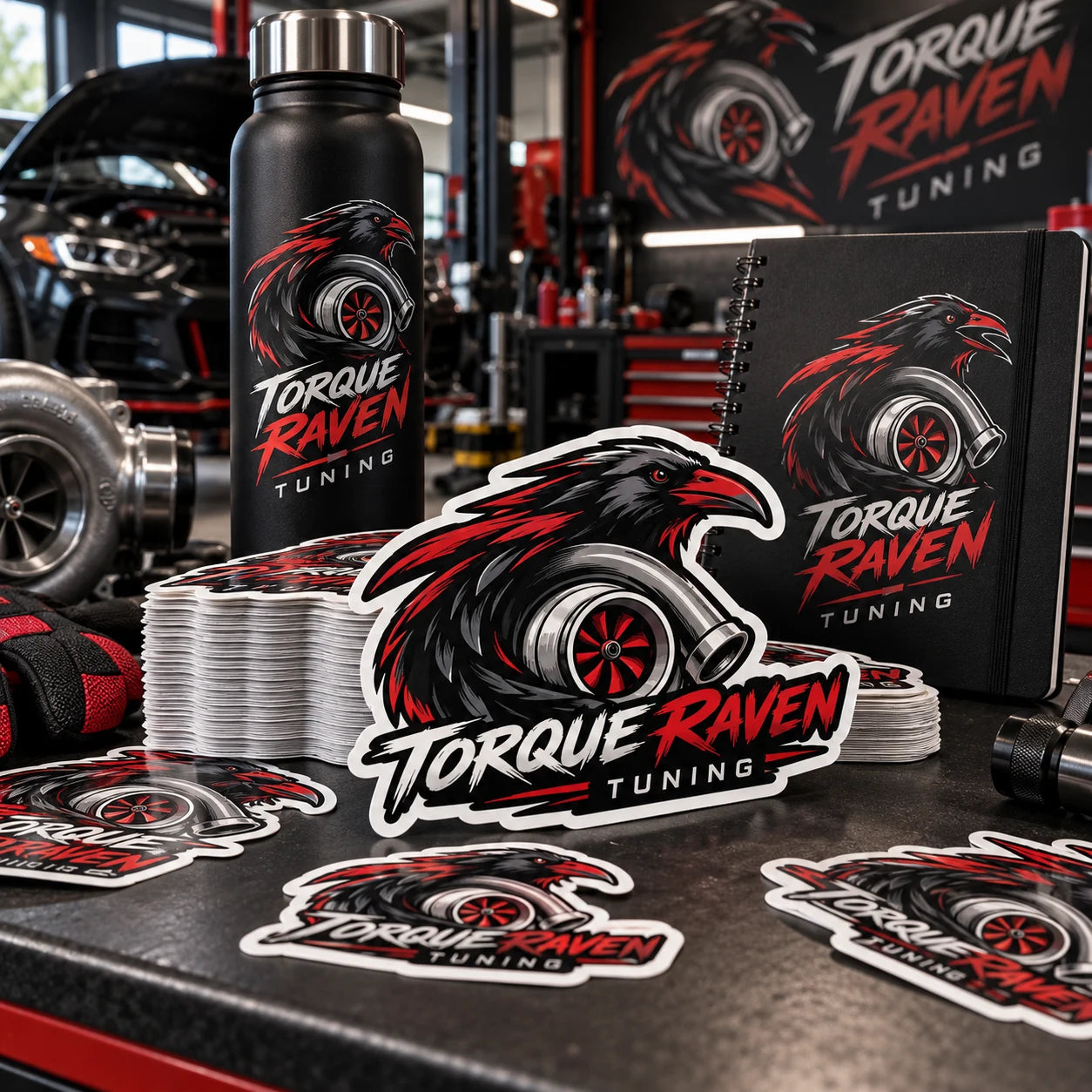 Torque Raven Tuning fictional example storefront with custom lettering and stickers