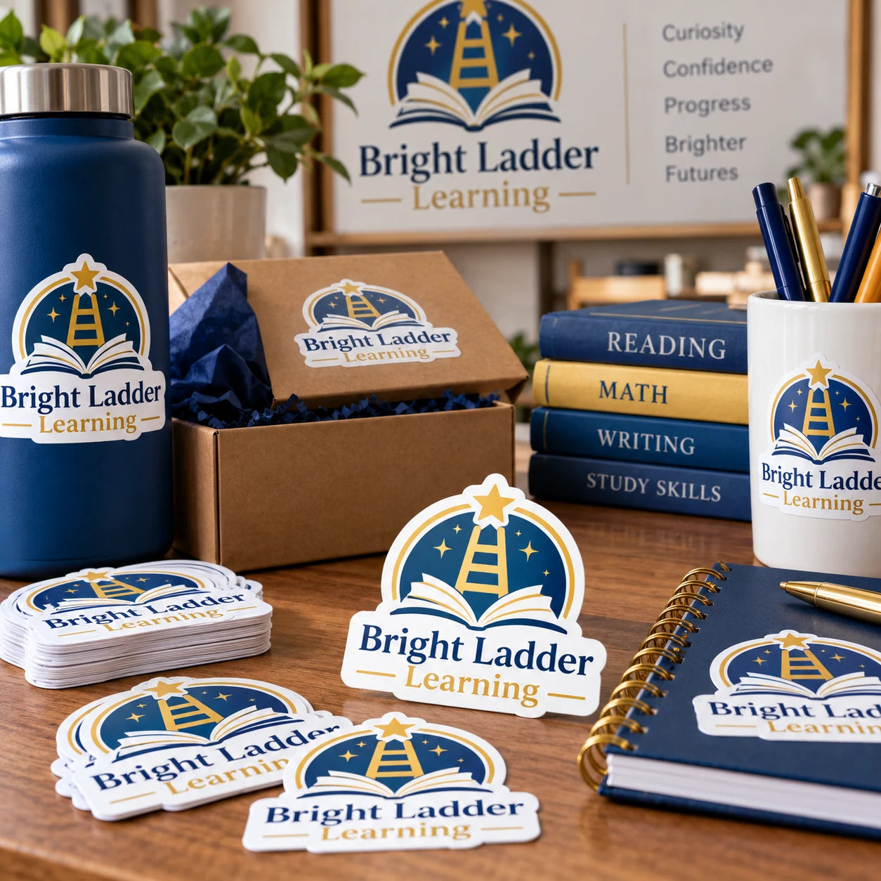 Bright Ladder Learning fictional example storefront with custom lettering and stickers