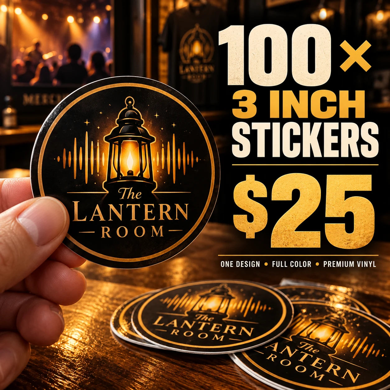 The Lantern Room fictional example: 100 custom 3 inch stickers for $25