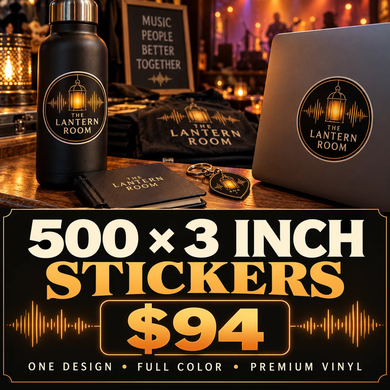 The Lantern Room fictional example: 500 custom 3 inch stickers for $94