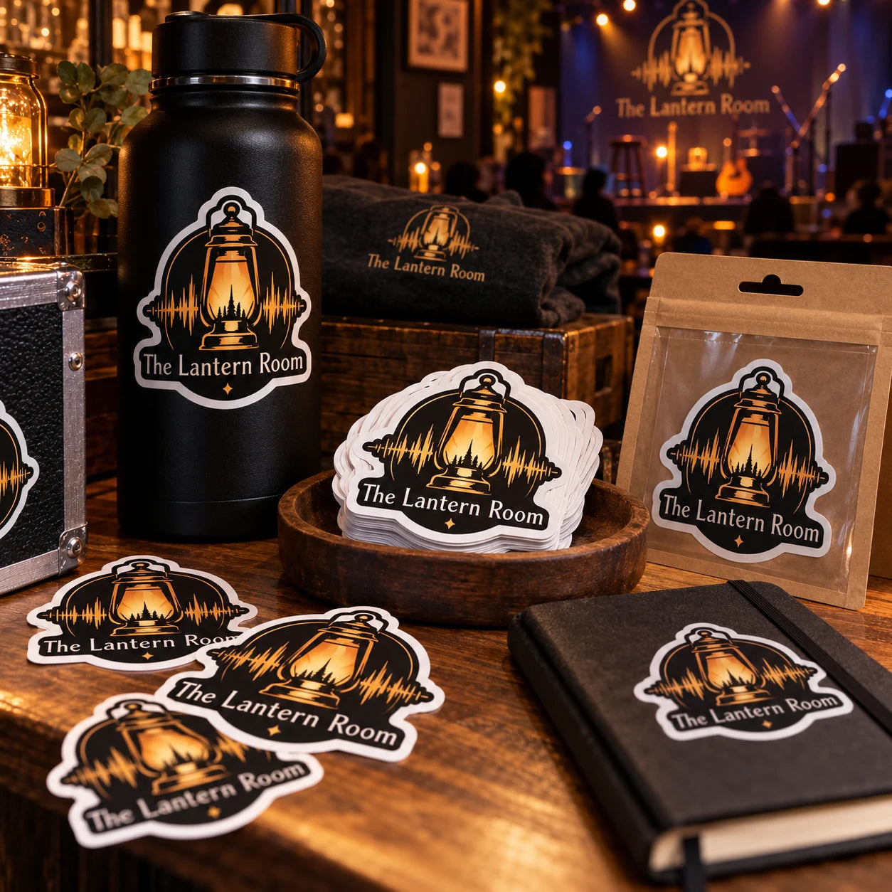 The Lantern Room fictional example storefront with custom lettering and stickers