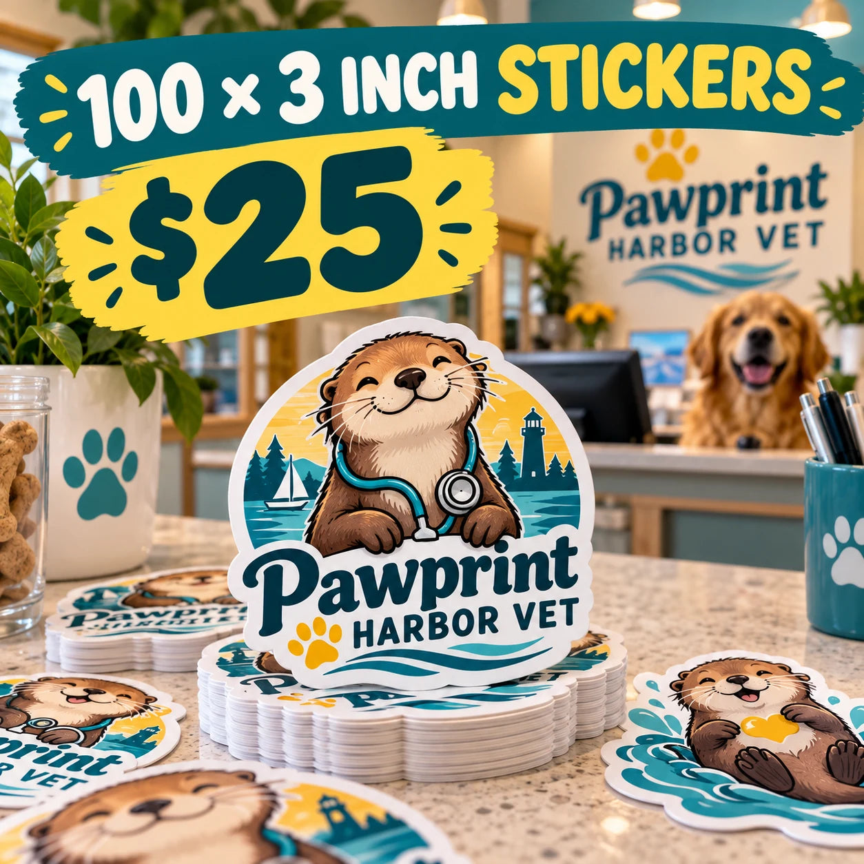 Pawprint Harbor Vet fictional example: 100 custom 3 inch stickers for $25