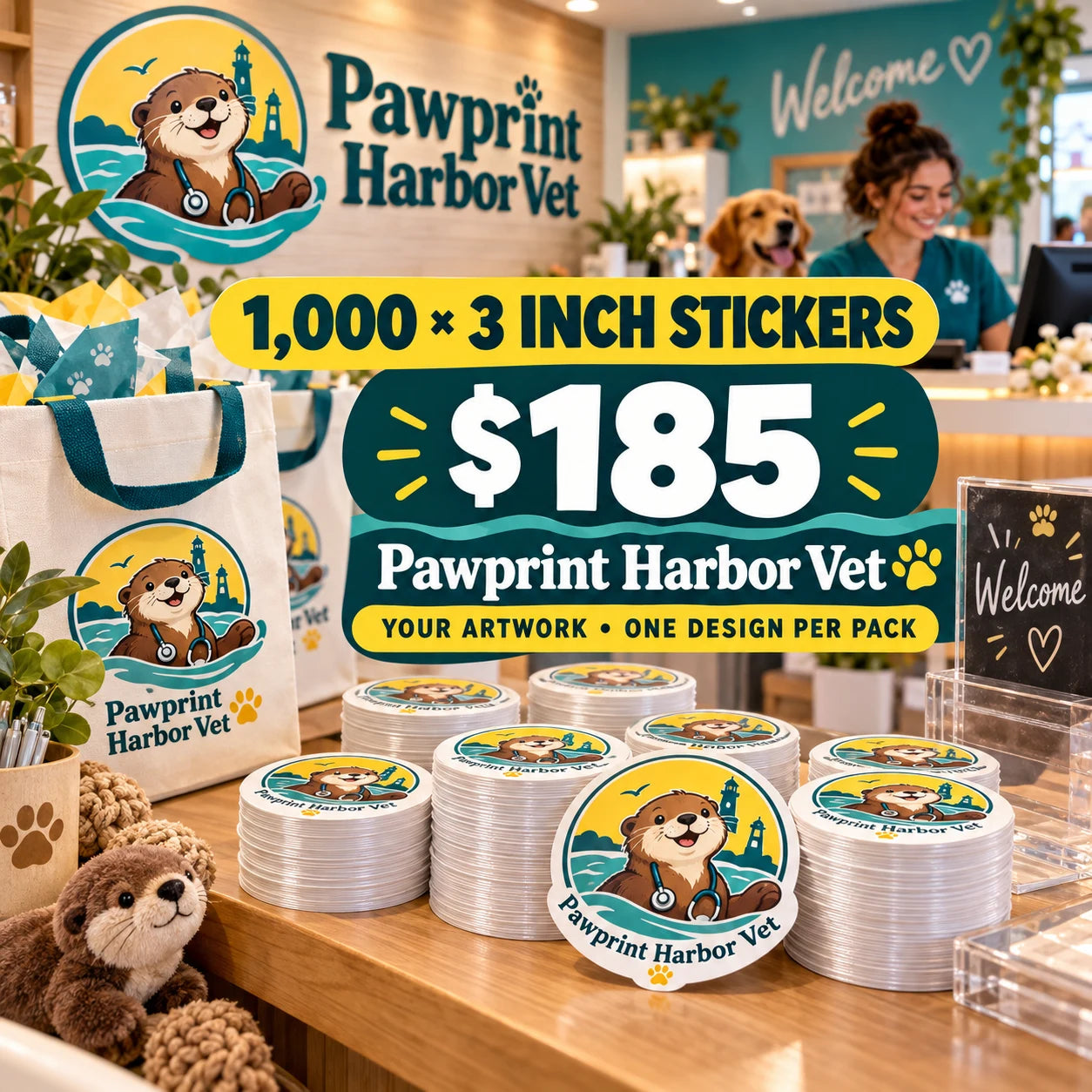 Pawprint Harbor Vet fictional packaging and sticker ideas