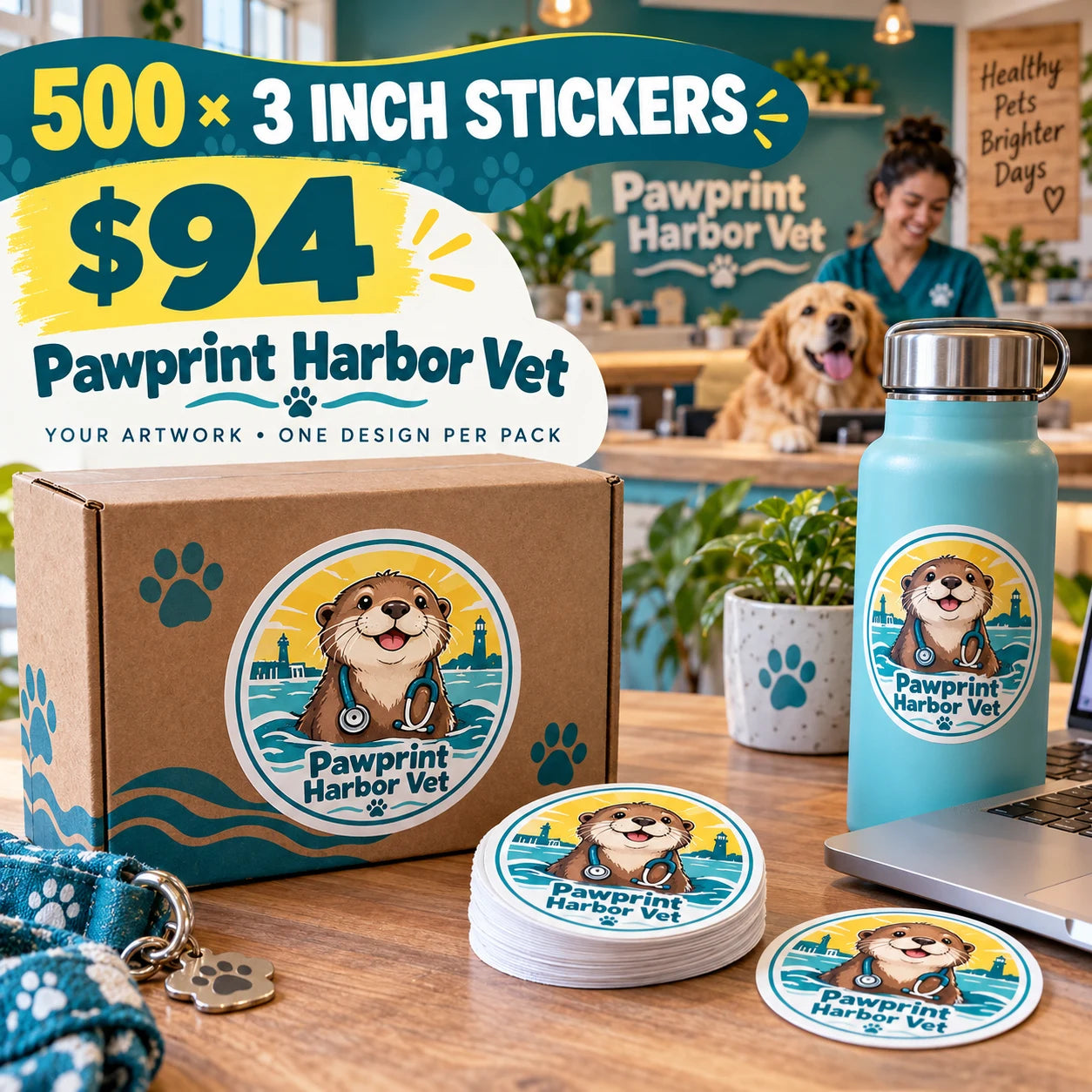 Pawprint Harbor Vet fictional example: 500 custom 3 inch stickers for $94