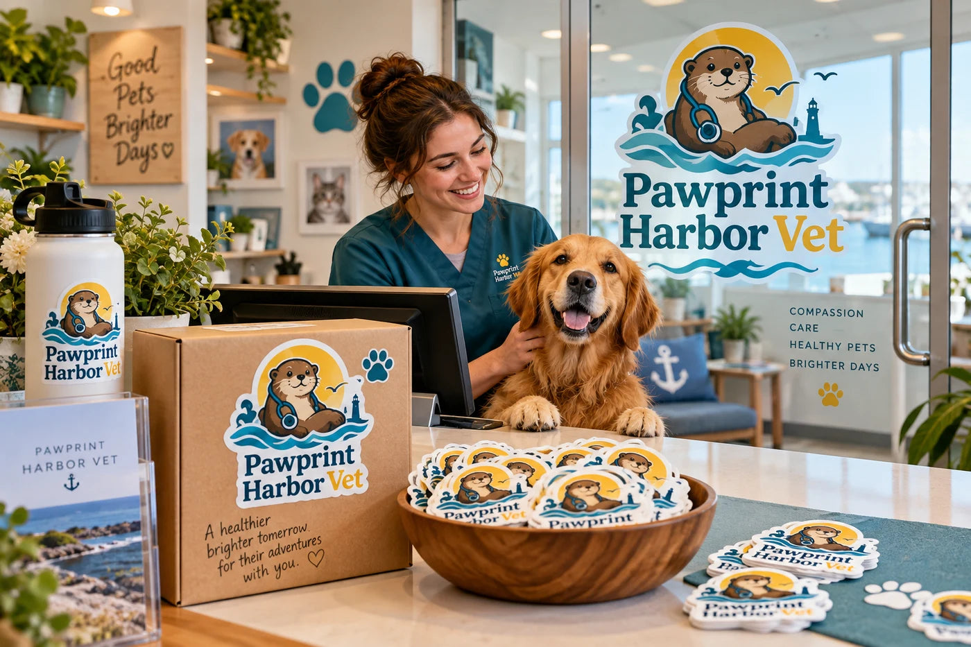 Pawprint Harbor Vet fictional example storefront with custom lettering and stickers