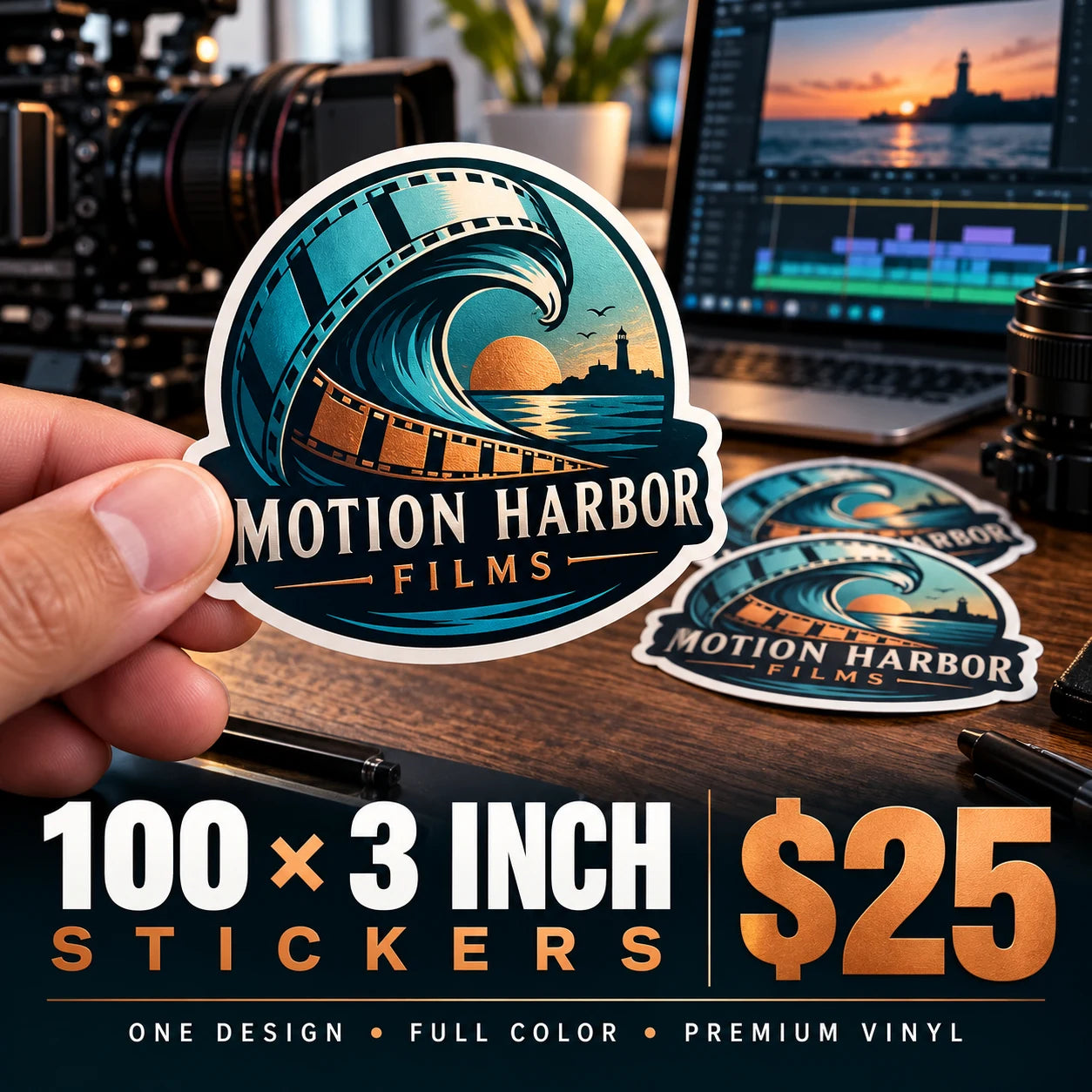 Motion Harbor Films fictional example: 100 custom 3 inch stickers for $25