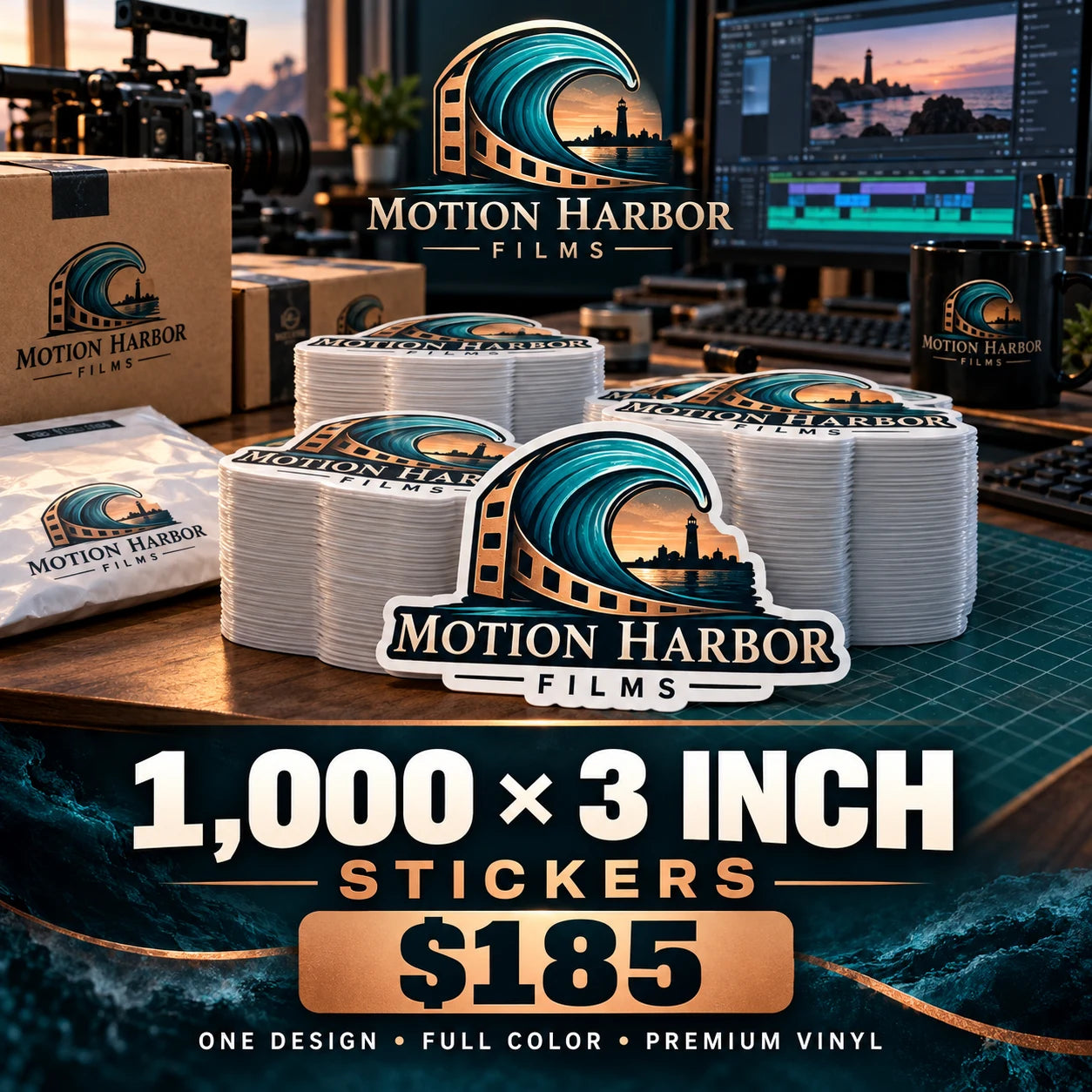 Motion Harbor Films fictional packaging and sticker ideas