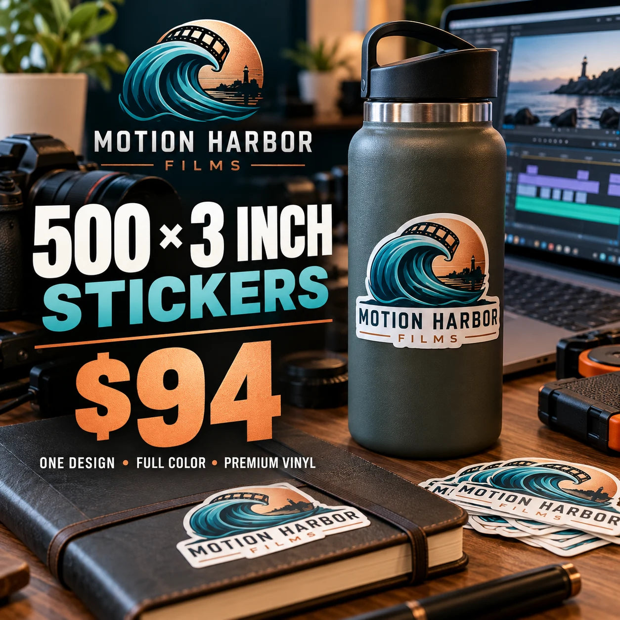 Motion Harbor Films fictional example: 500 custom 3 inch stickers for $94