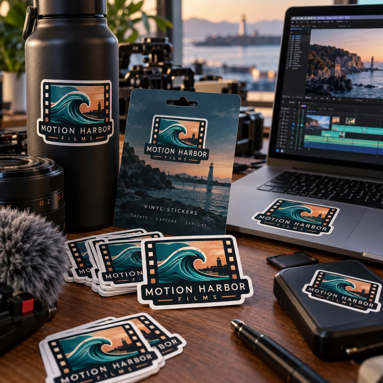 Motion Harbor Films fictional example storefront with custom lettering and stickers