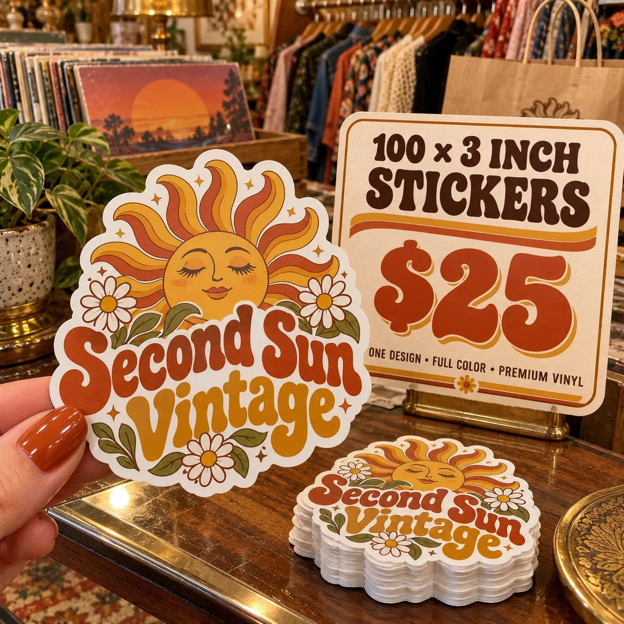 Second Sun Vintage fictional example: 100 custom 3 inch stickers for $25