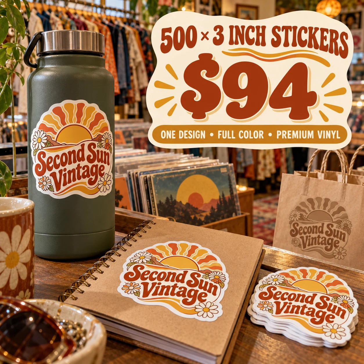 Second Sun Vintage fictional example: 500 custom 3 inch stickers for $94