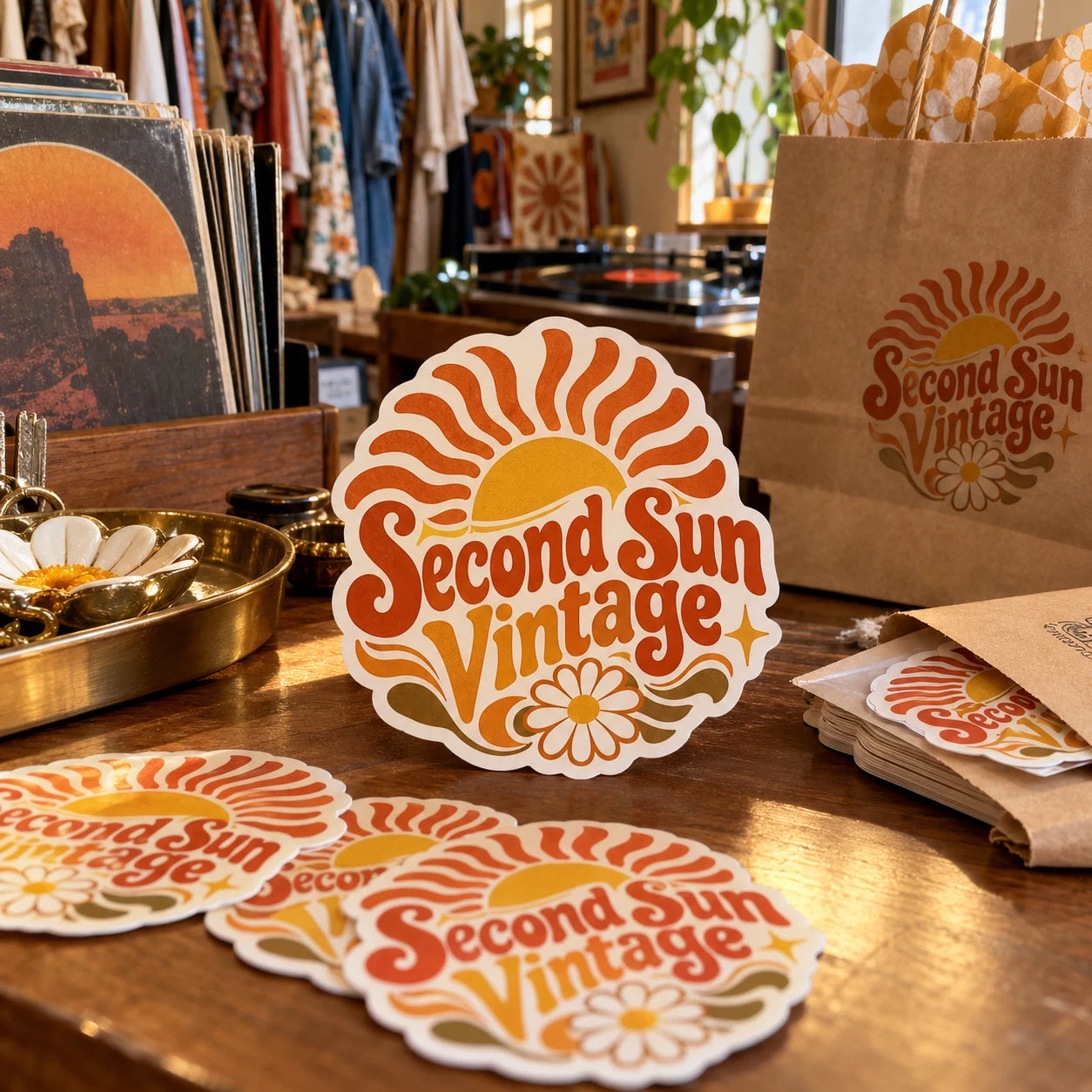 Second Sun Vintage fictional example storefront with custom lettering and stickers